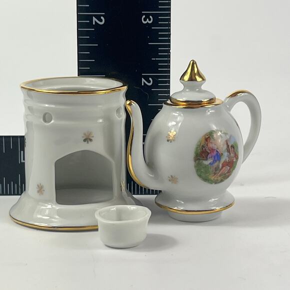 Limoges Miniature Teapot With Warmer Stand France White Mini Gold Trim Vintage - Picture 6 of 8